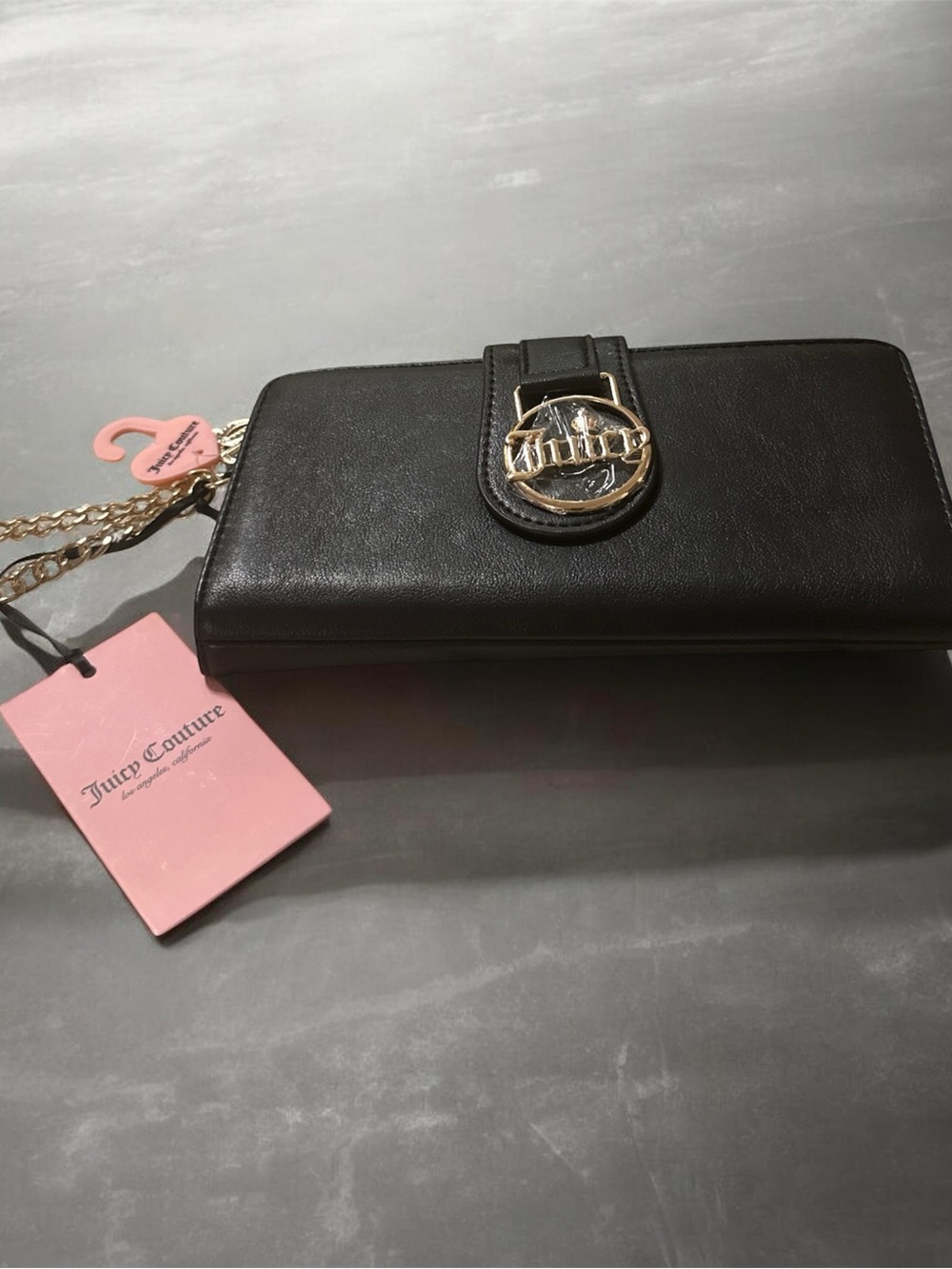 Juicy Couture Black Wallet with Gold-Tone Logo and Chain